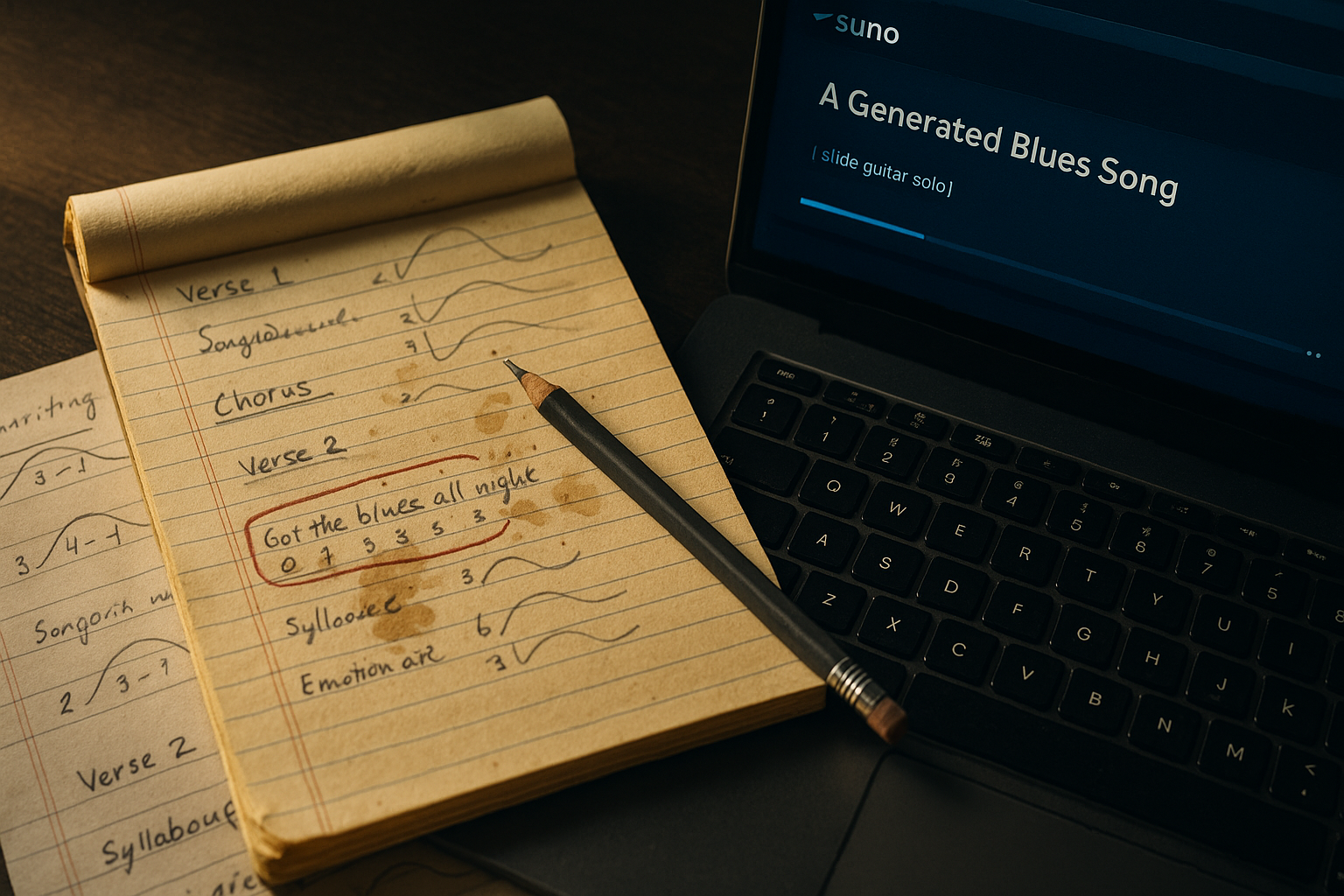Ein schräg beleuchteter Notizblock mit handschriftlichen Songwriting-Skizzen liegt auf einem dunklen Holztisch, daneben ein mechanischer Bleistift. Der Block zeigt markierte Emotionsbögen, Silbenzählungen und einen rot umrandeten Chorus-Hook mit Kaffeeflecken. Im Hintergrund ist ein halboffener Laptop mit dem Suno-Interface zu sehen, auf dem ein generierter Blues-Song mit Tags wie „[slide guitar solo]“ läuft. Warmes Sonnenlicht betont die Papiertextur und die staubige Tastatur, während der Hintergrund sanft unscharf bleibt.