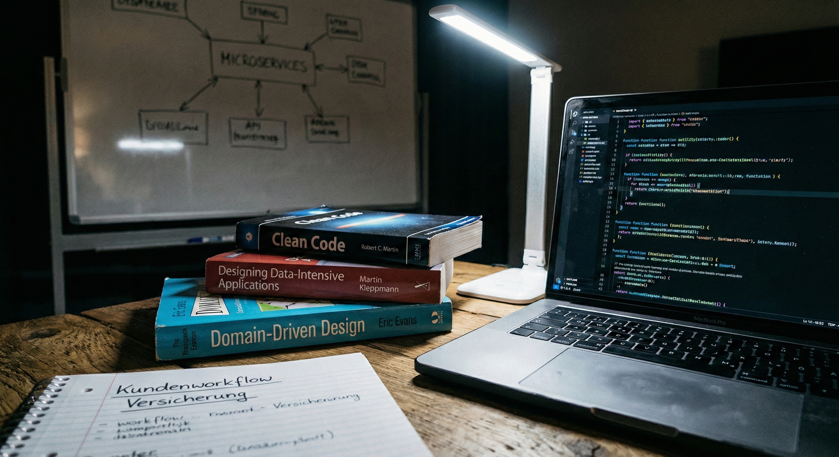 Ein überfüllter Holzschreibtisch bei Nacht im kalten Licht einer LED-Lampe. Im Fokus steht ein Laptop mit buntem Quellcode. Daneben liegen die Fachbücher Clean Code, Designing Data-Intensive Applications und Domain-Driven Design sowie ein Notizblock mit der Aufschrift Kundenworkflow Versicherung. Im unscharfen Hintergrund ist ein Whiteboard mit einem Microservices-Diagramm zu erkennen.