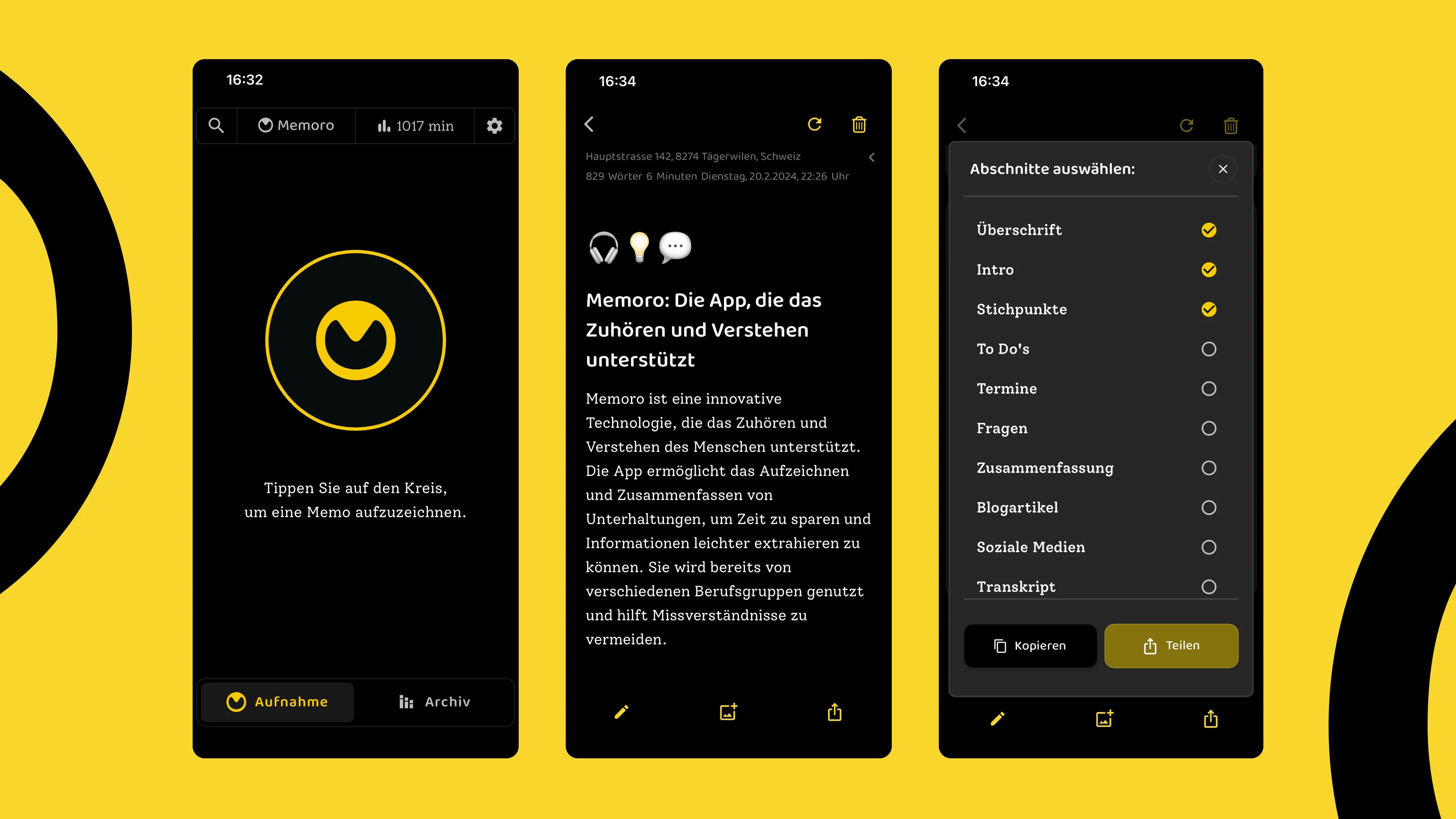 Memoro App – Von der Aufnahme bis zur strukturierten Ausgabe Drei Screenshots der Memoro App: Aufnahme-Button, transkribierter Text mit Titel und auswählbare Abschnitte für strukturierte Ergebnisse.