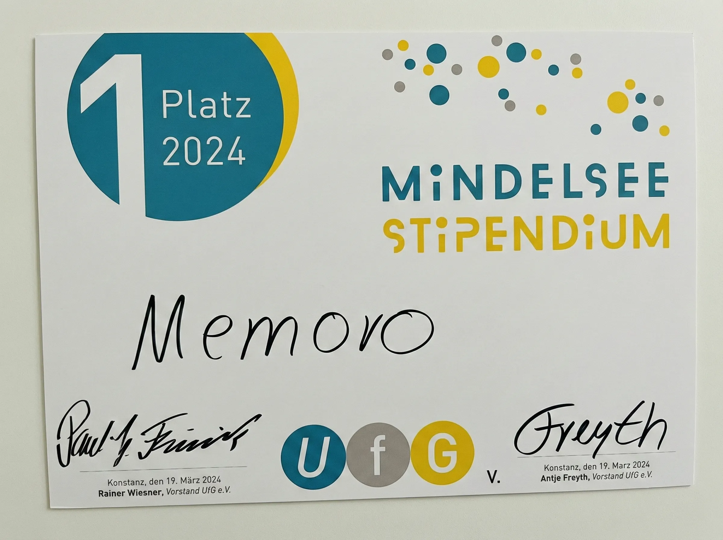 Urkunde Mindelsee Stipendium 2024: 1. Platz für Memoro