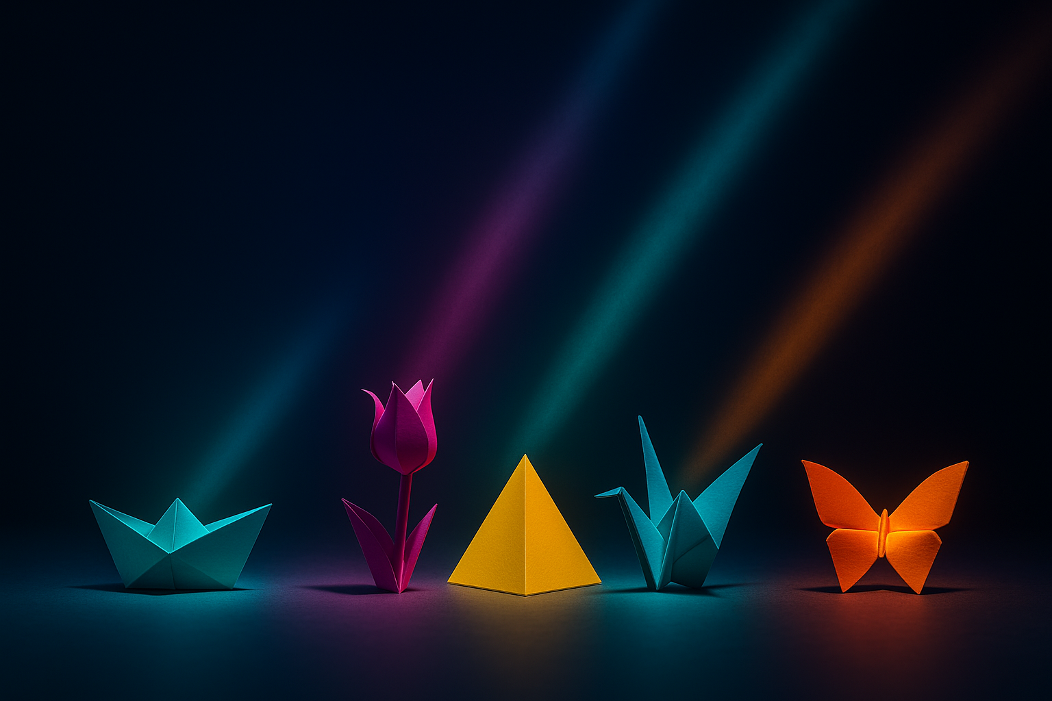 Fünf leuchtend gefaltete Origami-Formen – ein Boot, eine Blume, eine Pyramide, ein Kranich und ein Schmetterling – stehen nebeneinander auf dunklem Grund, jeweils in eigenem farbigen Lichtkegel. Die Szene symbolisiert, wie aus derselben Ausgangsbasis unterschiedliche kreative Ergebnisse entstehen können, analog zur Idee des Verbalized Sampling in Sprachmodellen.