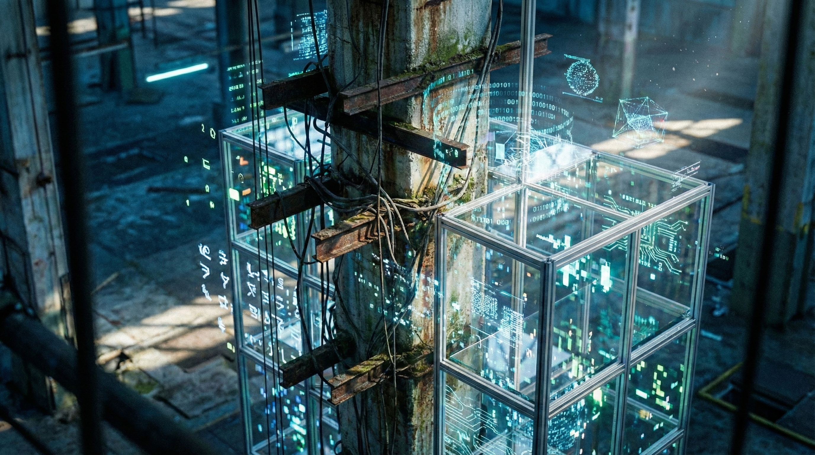 Ein massiver, verwitterter Betonpfeiler in einer dunklen, verlassenen Industriehalle, umgeben von rostigen Stahlträgern und alten Kabeln. Um den Pfeiler herum wächst eine moderne, transparente Stahl-Glas-Struktur, die mit leuchtenden, schwebenden digitalen Artefakten und abstrakten Datenströmen gefüllt ist. Die Szene kontrastiert die raue Patina der Vergangenheit mit futuristischer Technologie, beleuchtet von kühlem Neonlicht und schräg einfallenden Sonnenstrahlen.